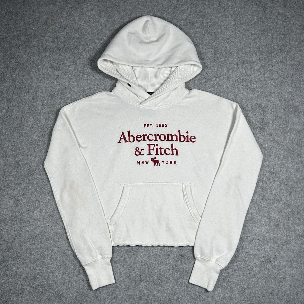 Abercrombie‎ Fitch Pullover Hoodie Women's Size xxs White Cropped Embroidered
